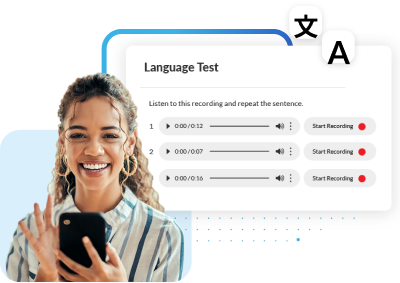 Woman smiling while using phone with language test interface showing audio recording exercises
