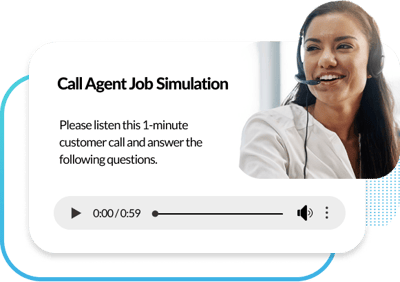 Call agent job simulation interface with audio player and smiling woman wearing headset