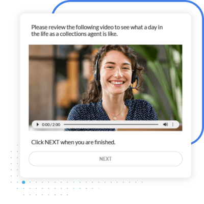 Video player interface showing smiling woman with headset for collections agent job preview