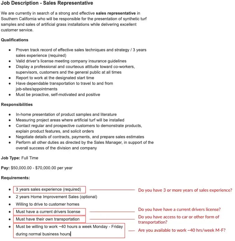 Job Req with screening questions highlighted in red