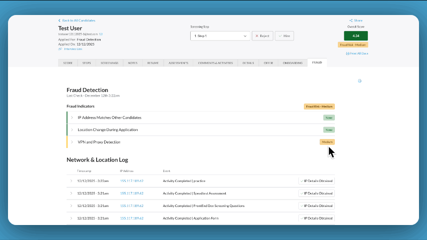 User dashboard showing fraud detection indicators and network activity log