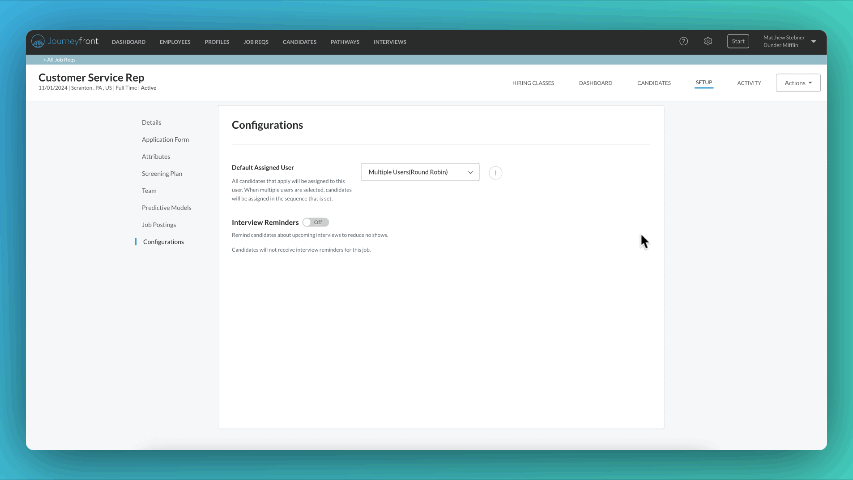 Customer Service Rep configuration page with sidebar navigation menu