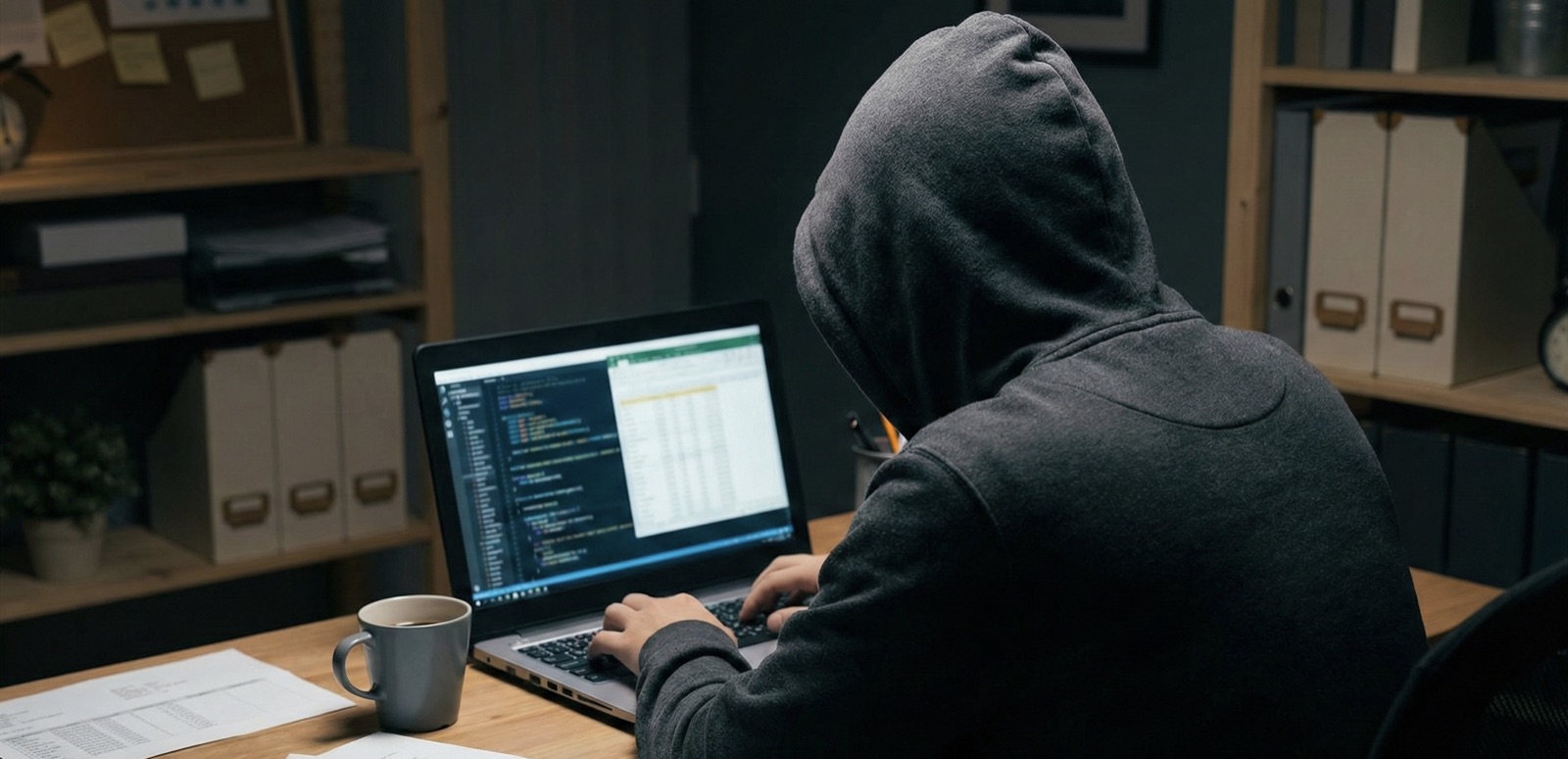 Hooded figure at a laptop representing hiring fraud