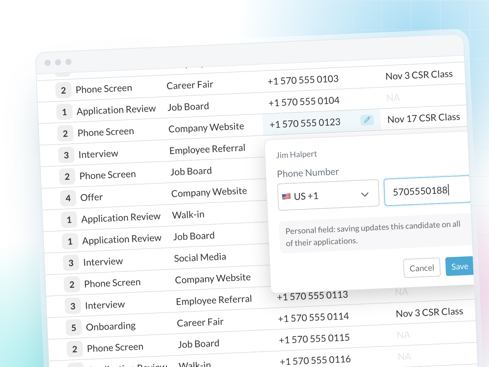 Inline editing on candidate lists in Journeyfront